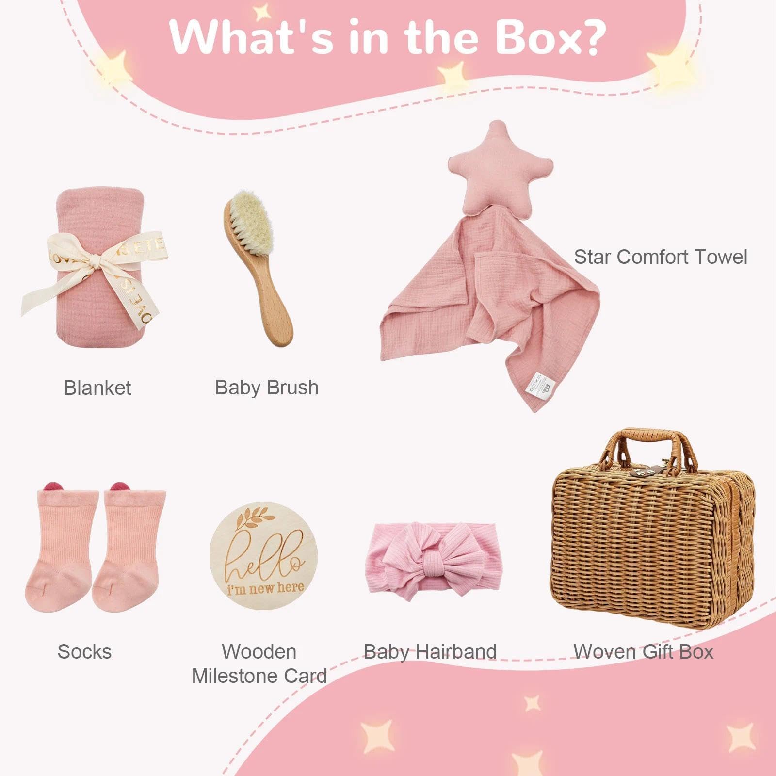 7 Pièces Cadeau Naissance Fille Garcon, Bebe Coffret Naissance, Cadeau Baby Shower Avec Couverture, Serre-Tête, Brosse, Chaussettes, Carte Etape Bebe, Paniers Cadeaux (Rose)