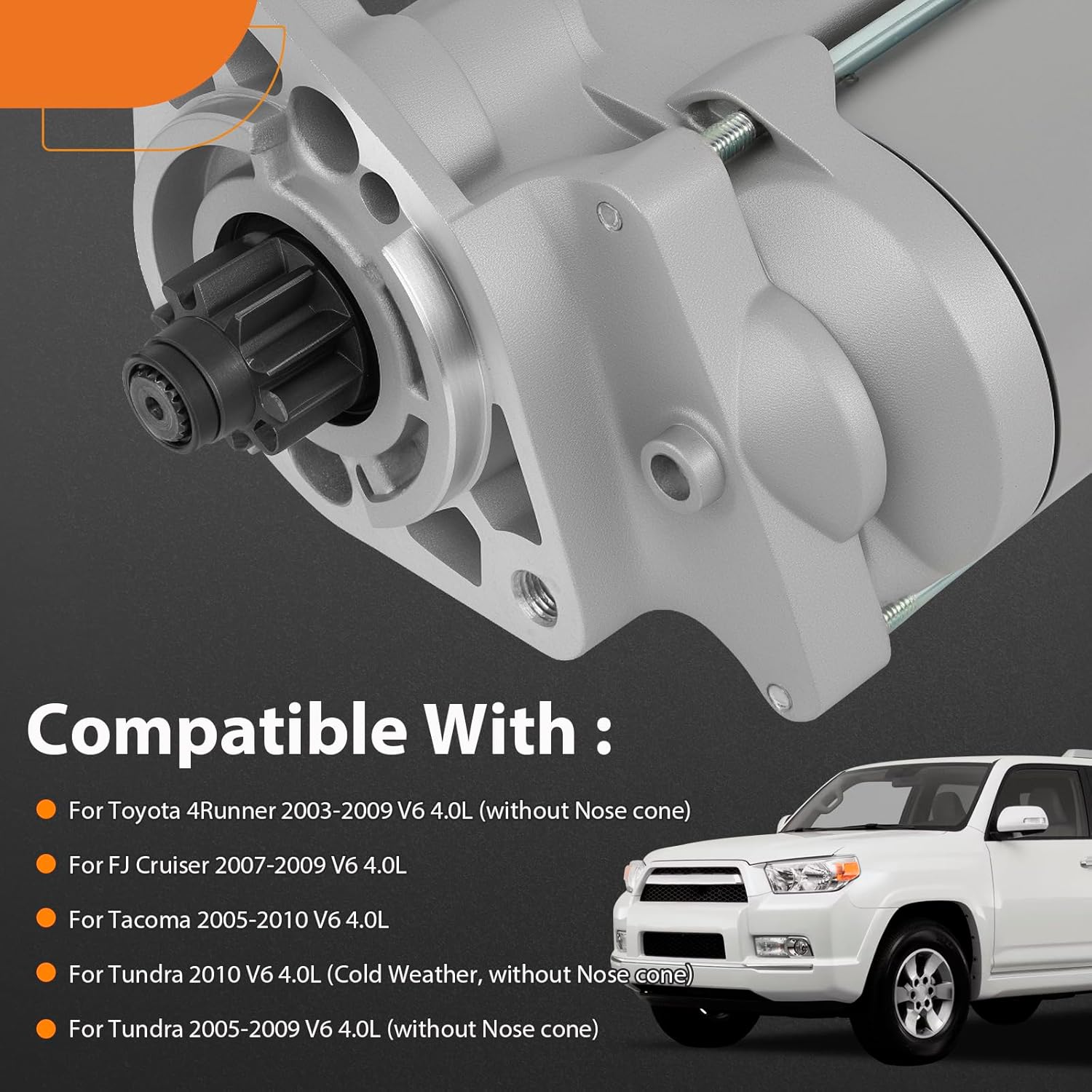 Starter Motor Fit for Toyota 4Runner 2003-2009 V6 4.0L, Tacoma 2005-2010 V6 4.0L, Tundra 2005-2010 V6 4.0L |12V 2.0KW 10-Tooth | Fits FJ Cruiser 2007-2009 V6 4.0L |Replaces OEM 428000-1250