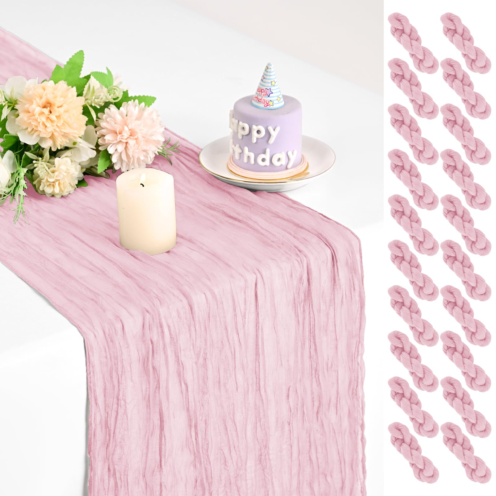 Teruntrue 20 Pack Light Pink Cheesecloth Table Runner 17x108 Inch, Boho Gauze Sheer Fabric Cheese Cloth Table Runners for Wedding Party Bridal Shower Birthday Home Decor Garden Farmhouse