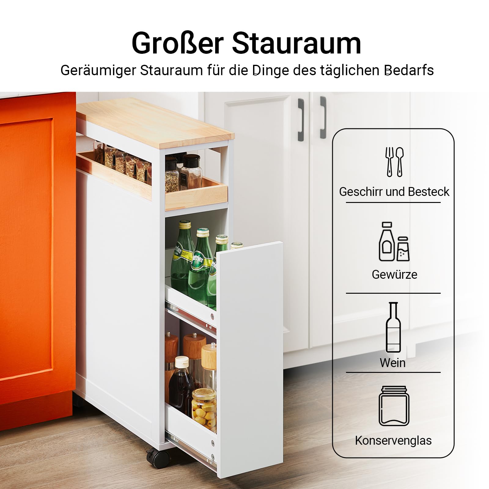 SoBuy Nischenschrank 20 cm mit Rollen – platzsparender Apothekerschrank Küche, schmaler Rollwagen und küchenregal schmal für Küche & Bad, Nischenregal für Enge Räume, 79 × 51 × 20 cm Weiß NSR11-WN
