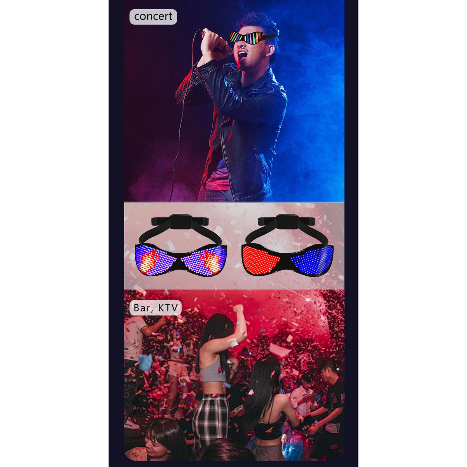 Okulary LED dla Dorosłych, Konfigurowalne świecące Okulary Bluetooth z kontrolą Aplikacji, ładowane Okulary świecące, świecące Okulary Imprezowe na Boże Narodzenie, Halloween