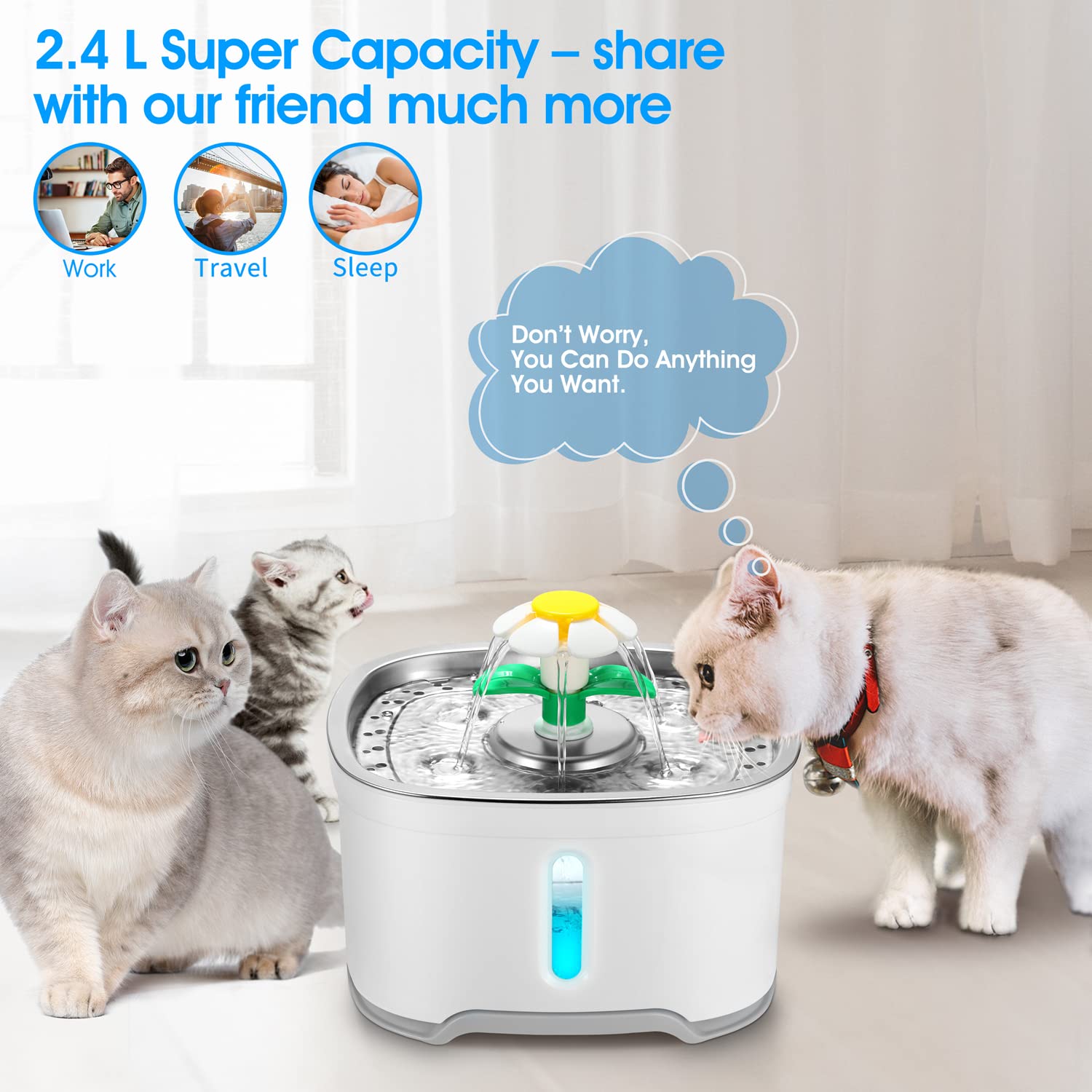 Fuente de agua de acero inoxidable para mascotas con adaptador, versión mejorada de 84 onzas/2.5 l, dispensador automático de agua para gatos con bomba ultra silenciosa para gatos, perros, pájaros