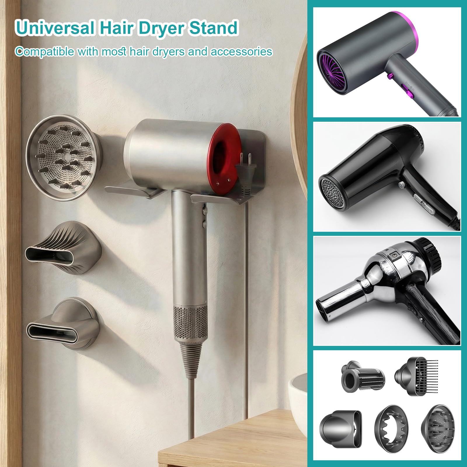 Supporto per asciugacapelli compatibile con Dyson, supporto per asciugacapelli senza foratura, compatibile con Dyson, supporto da parete compatibile con lega di alluminio Supersonic, gestione dei