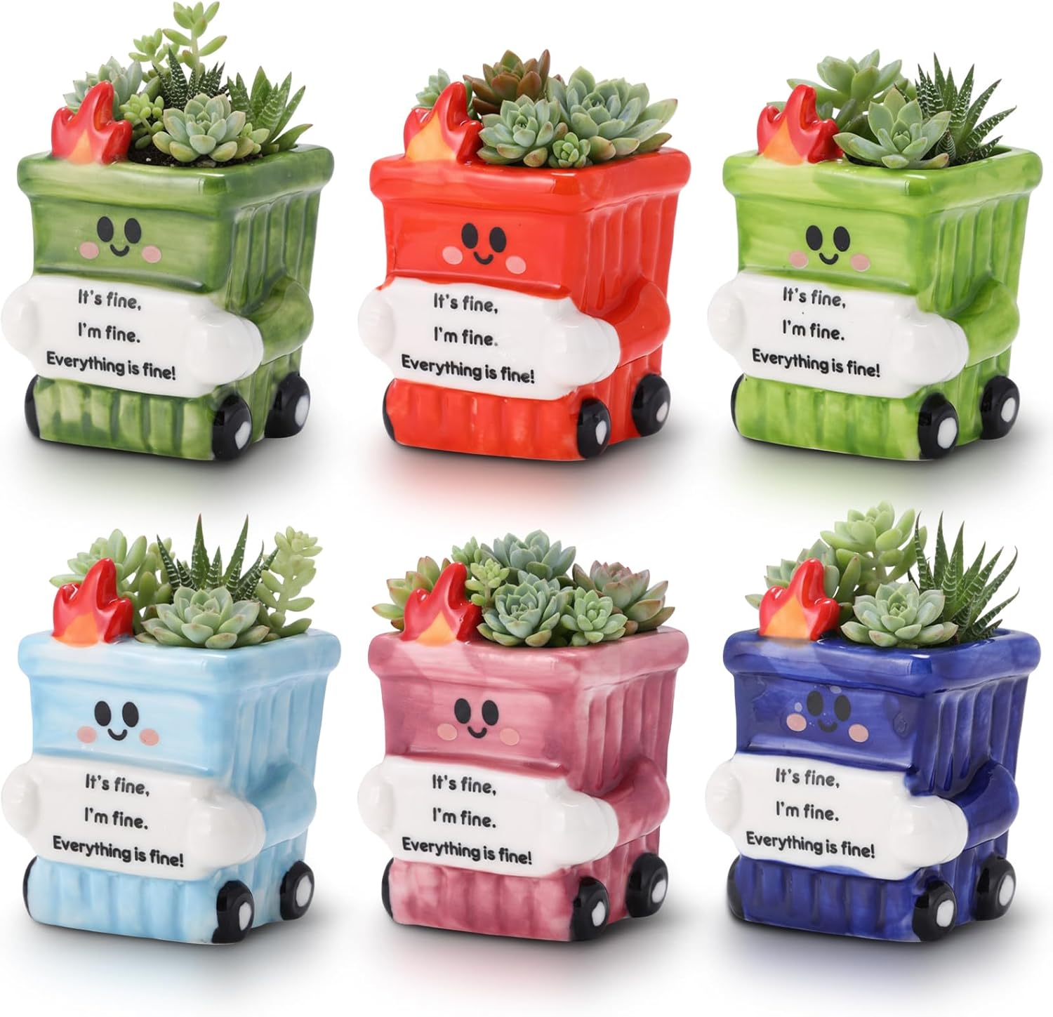 6 Pack 2.5 Inch Dumpster Fire Ceramic Succulent Planter Pots with Drainage Hole, Mini Cute Flower Pots Container for Home Office Garden Decoration Emotional Support Buddies Christmas Housewarming Gift