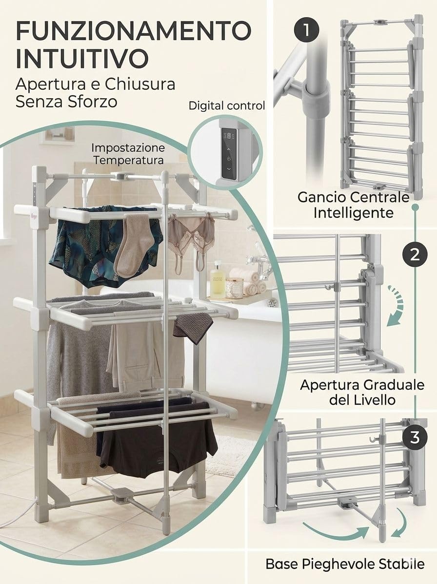 Sirge Stendibiancheria Elettrico Riscaldato Digitale AsciugaSano 220W, Timer 1-9h, Temperatura 30-70°C, display