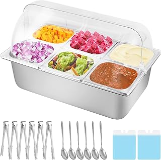Cold Food Buffet Server 9.6Qt (6 Pans×1.6Qt) with Ice Packs for Salad Pizza Sauce Colded Serving Trays Condiments Containers for Parties Buffet