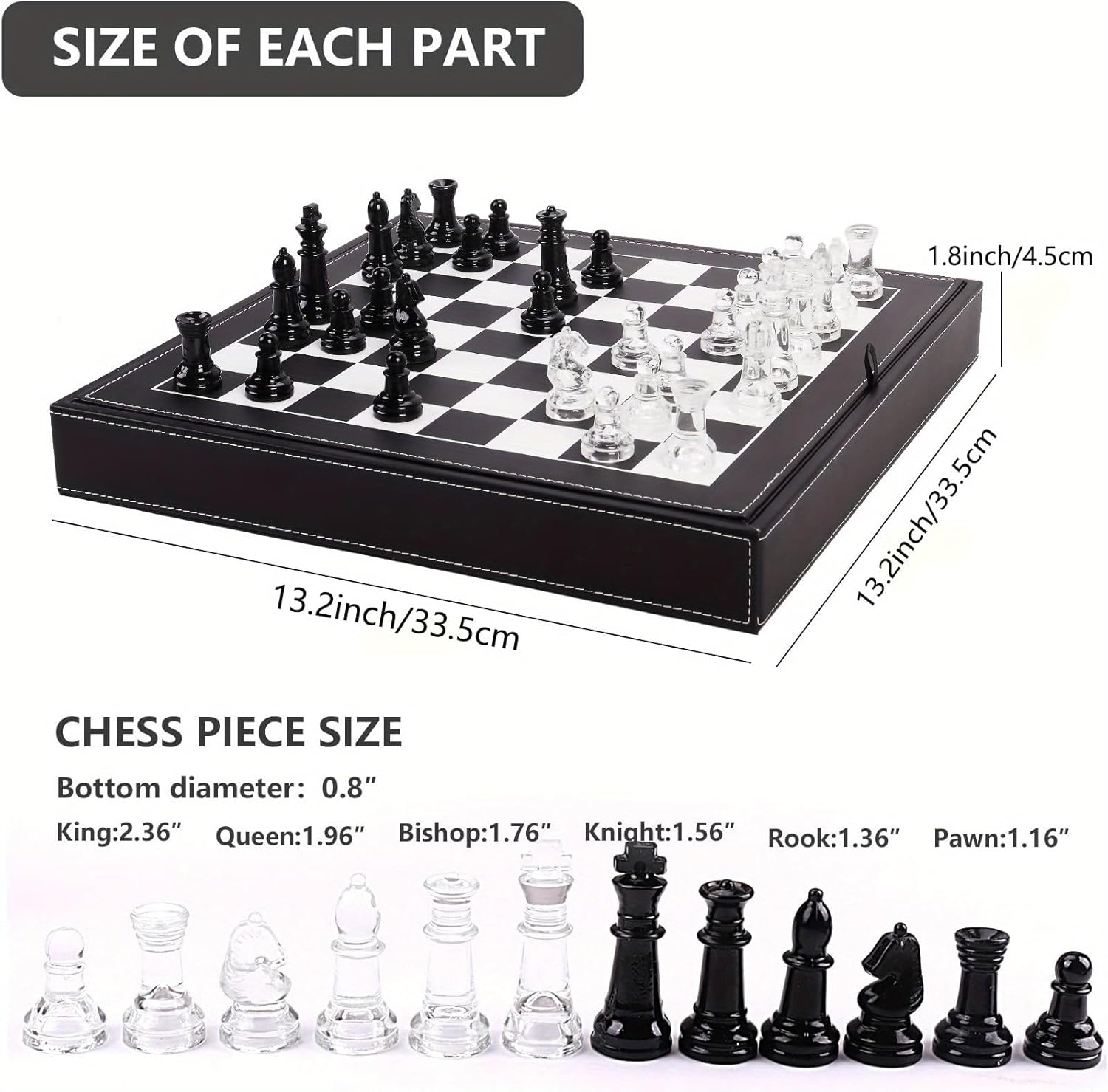 Luxury Glass Chess Set for Adults - 2 Extra Queens, Premium Leather Storage Case with 13.2” Chessboard Elegant Board Game Gift
