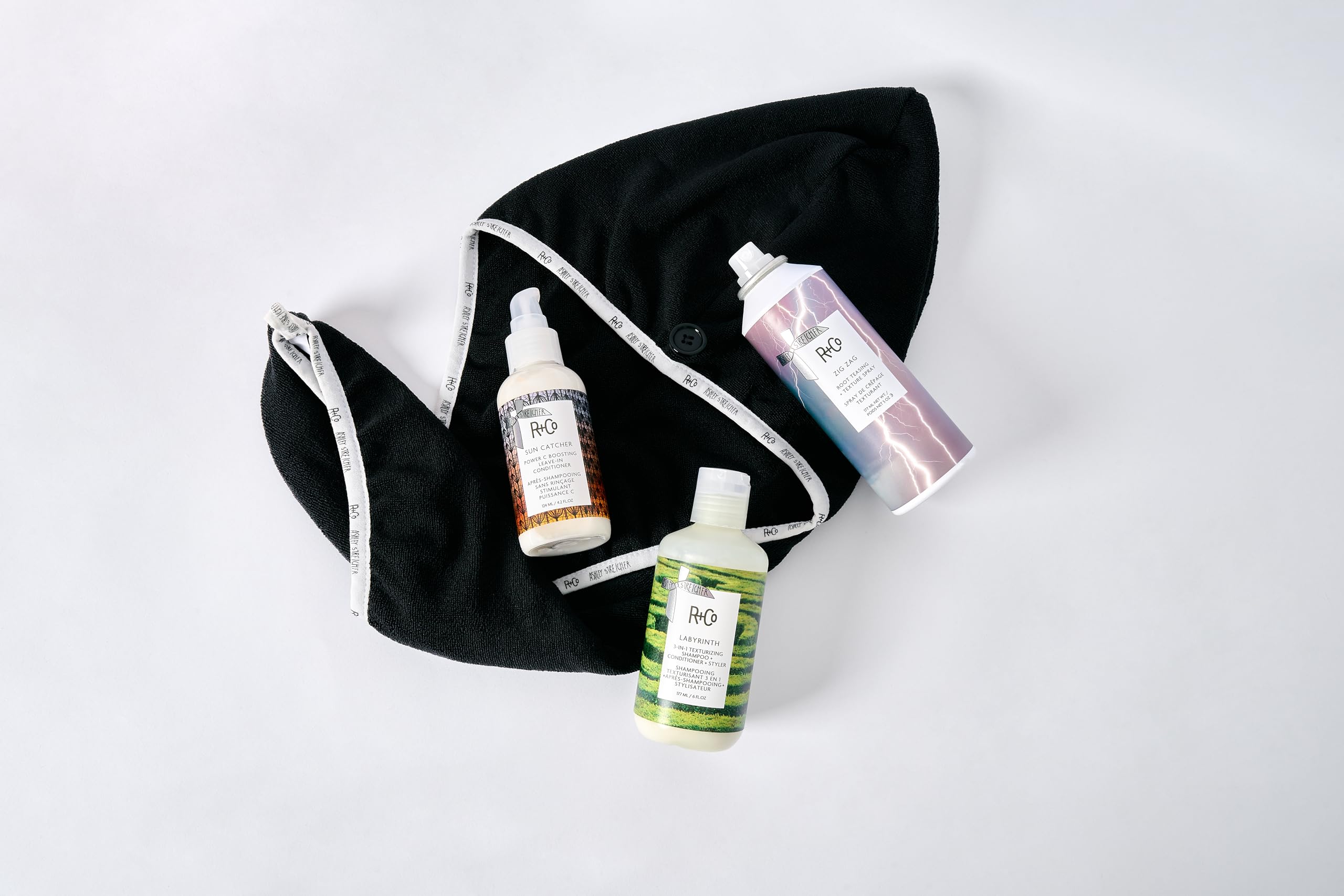 R+Co Haircare Gift Set – Texturizing Shampoo + Conditioner + Styler, Leave-In Conditioner for Frizz Control, Root Lift Texture Spray, Hair Wrap Towel – Vegan, Sulfate-Free, Cruelty-Free Hair Set