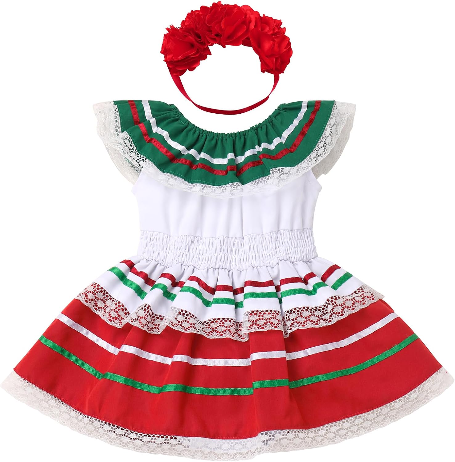 ODASDO Mexican Dress for Baby Girls Toddler Kids Cinco De Mayo Outfit Ruffle Lace Off Shoulder Romper with Flower Headband