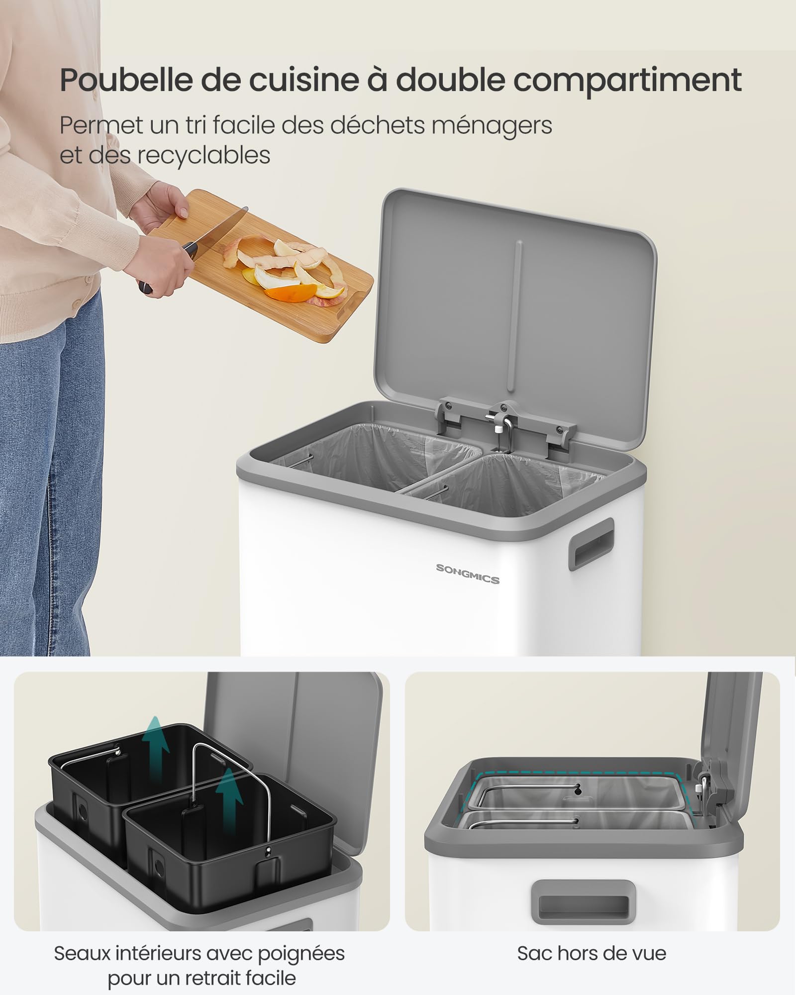 SONGMICS Poubelle de Cuisine, 2 x 15 L Poubelle Double pour le Recyclage et les Déchets Ménagers, Seaux Intérieurs, Acier, Fermeture Douce, Pédale, Blanc Nuage LTB544W02