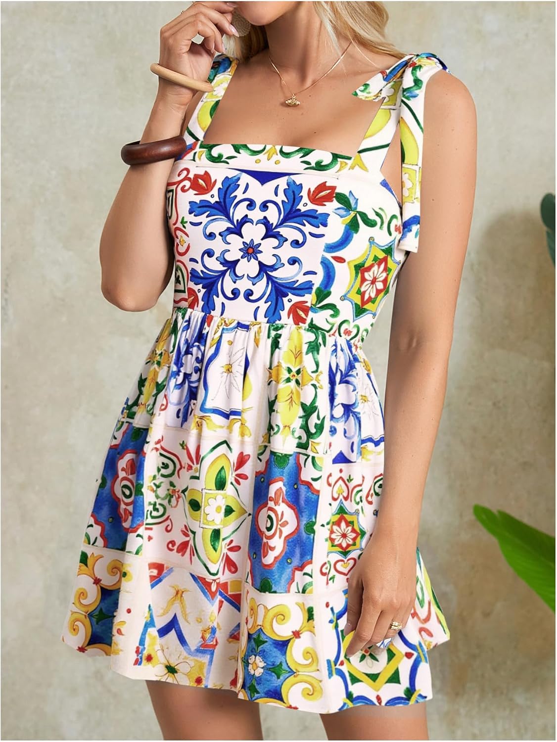 MakeMeChic Women's Summer Floral Mini Dress Shirred Tie Shoulder Sleeveless A Line Short Cami Sundresses - Image 3