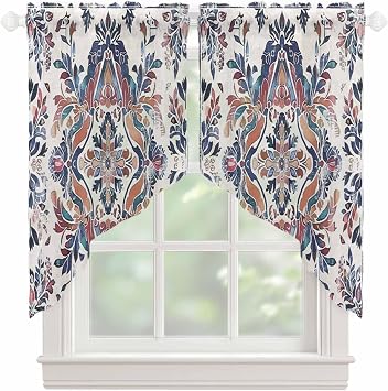 Floral Sheer Curtains Swag Valances for Windows Boho Vintage Blue and Red Flower Pattern Rod Pocket Swag Curtain Small Window Curtain for Kitchen Living Room Bedroom, 1 Pair 28" W x 36" L