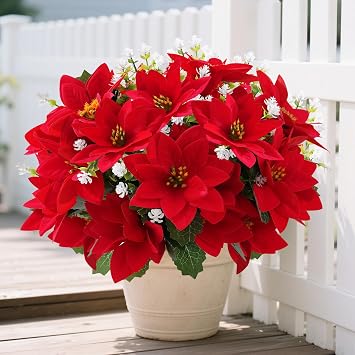14 Poinsettias Artificial Christmas Flowers for Outdoors,12 Bundles Mixed Fake Red Silk Flowers Faux Plastic Plants UV Resistant for Home Garden Porch Patio Outdoor Indoor Decor