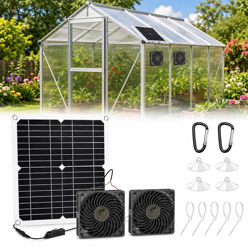 Solar Ventilator Gewächshaus, 16W Solarlüfter Gartenhaus mit DC Doppelventilator, Ventilator Solarbetrieben mit Saugnapf und Haken für Kleine Hühnerställe, Fenster Auspuff, Gewächshaus Zubehör