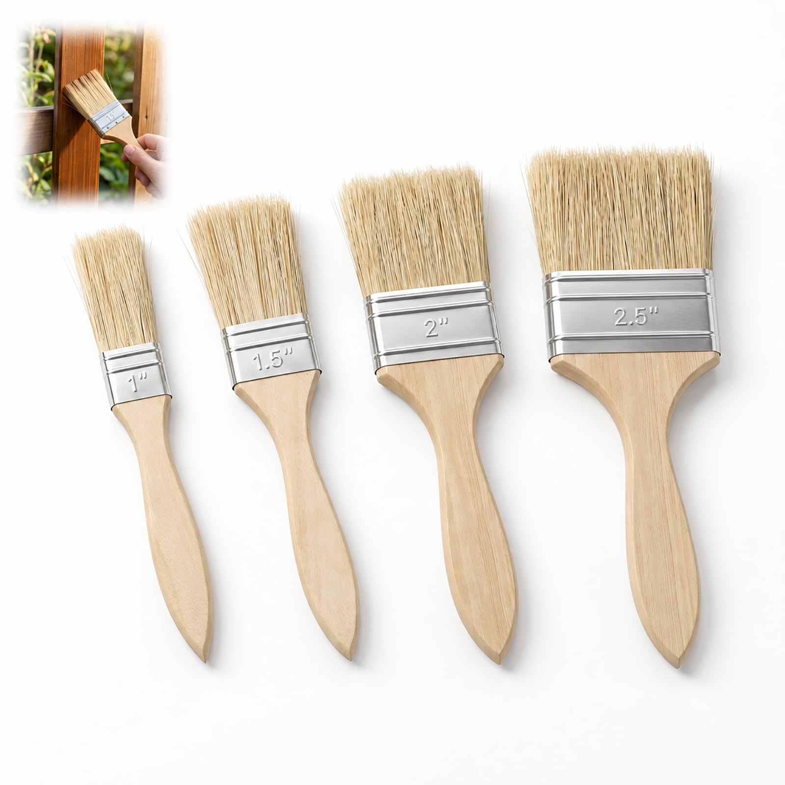 Set mit 4 flachen Pinseln (25,4/38,1/50,8/63,5 mm), Holzmalpinsel für Farben und Lack, Pinsel aus Naturborsten mit Griff, Mehrzweckpinsel für Färben, Kleber, Basteln