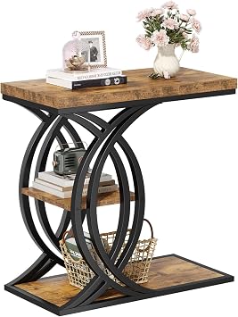 C Shaped End Table, Bed Side Table, 3-Tier Side Table with Metal Frame, Wood End Table with Storage for Living Room, Couch, Sofa, Bedroom, Easy Assembly, 23.6" D*11.8" W*23.6" H, Rustic Brown