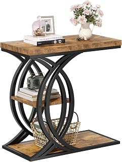 C Shaped End Table, Bed Side Table, 3-Tier Side Table with Metal Frame, Wood End Table with Storage for Living Room, Couch, Sofa, Bedroom, Easy Assembly, 23.6" D*11.8" W*23.6" H, Rustic Brown