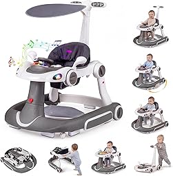 COSTWAY 7 in 1 Lauflernhilfe mit Verdeck, Lauflerwagen mit einstellbarer Höhe & Geschwindigkeit, Baby Walker klappbar mit Spielboard, Musik, Licht & Rädern, Gehfrei Baby ab 6 Monaten (Grau)