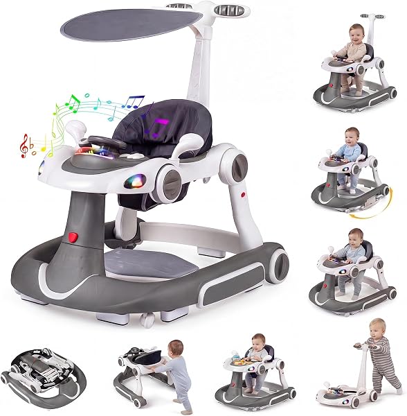 COSTWAY Trotteur Bébé Garçon Fille Pliable 7 en 1 avec Mode Bascule et Sautillant, Trotteur Marche Bébé Garçon Évolutif avec Hauteur Réglable, Musique et Lumière,Charge 12kg, 7-18 Mois (Gris) - 1