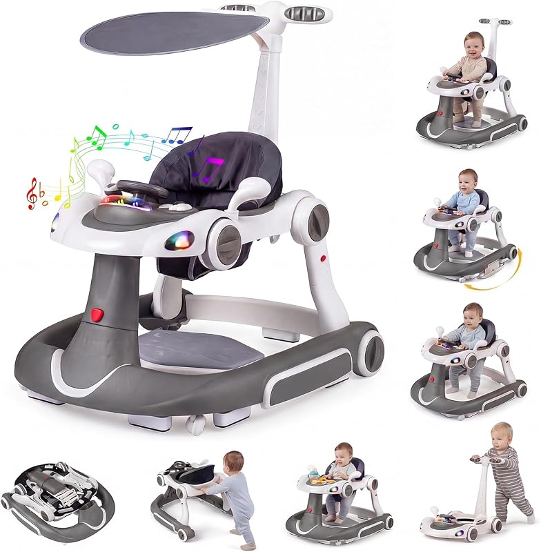 COSTWAY 7 en 1 Andador Bebes con Capota, Tacata Bebe Plegable con Altura y Velocidad Regulables con Modo Mecedora, Música, Luces y Diseño Antivuelco,Caminador para Bebe de 7-18 Meses (Gris y Blanco)