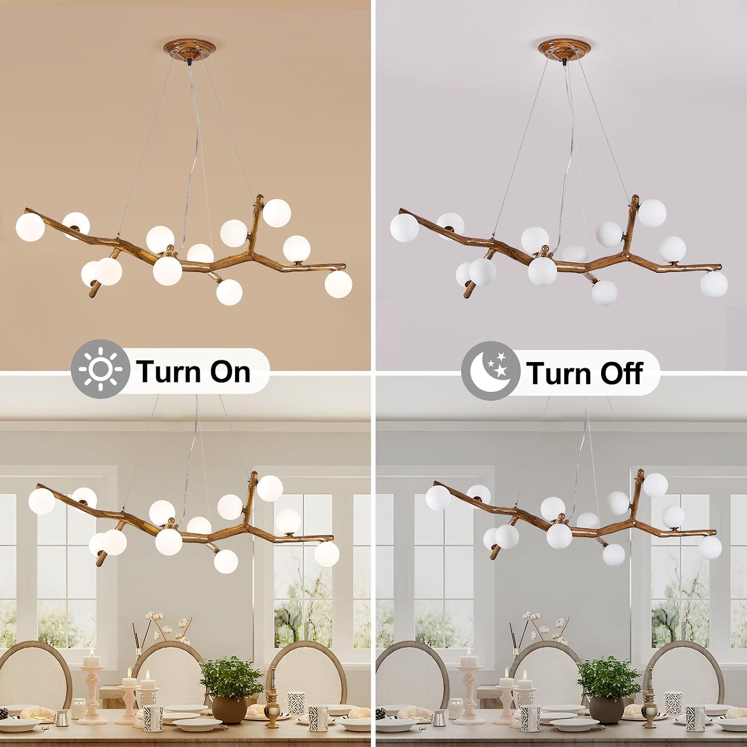 12-Light Farmhouse Sputnik Chandelier,Woodgrain Metal Arms with White Durable Globes,Mid Century Ceiling Light for Kitchen Island Dining Room