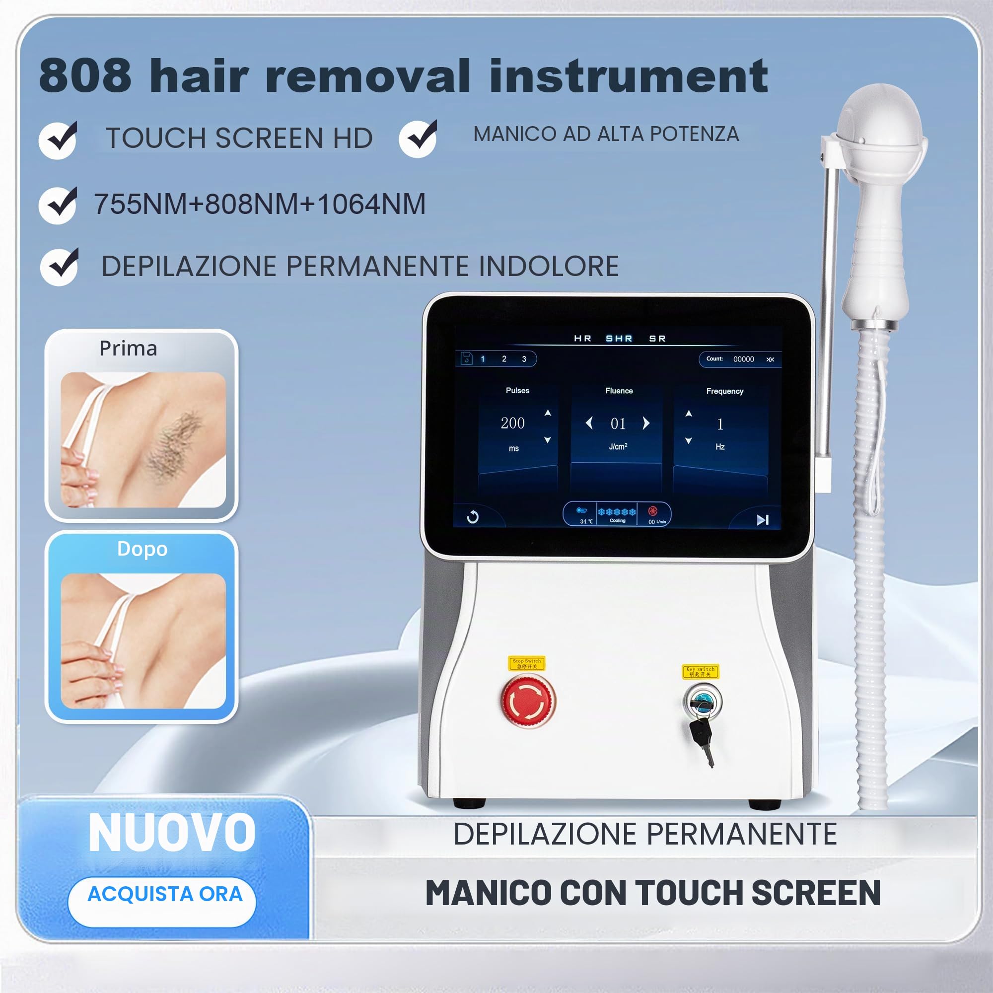 10 Bars, Macchina Professionale per la Rimozione dei Peli con Laser Diodo 808nm, 755 808 1064nm Laser Painless, Bianco