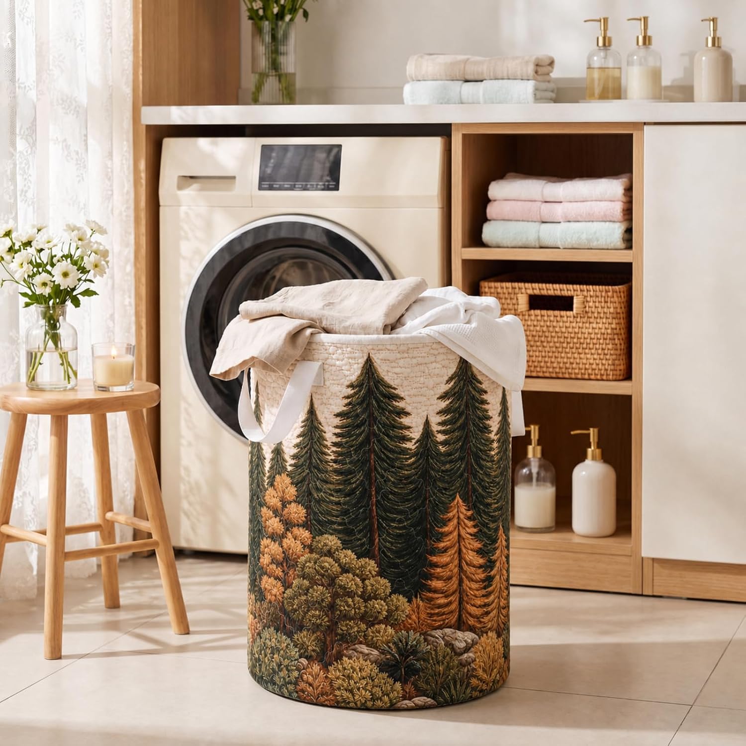 Quilted Laundry Basket with Handles 16" x 22" Rustic Forest Hamper | Large Quilted Soft Storage Basket Farmhouse Cabin Decor for Bedroom Laundry Room Clothes Toys Organizer