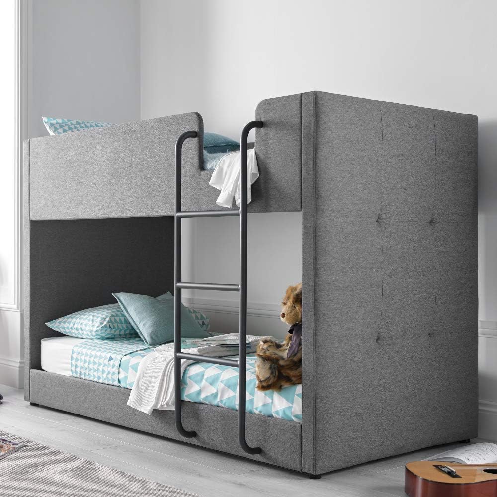 Kids Bunk Bed, Happy Beds Saturn Grey Fabric Modern Twin Sleeper - 3ft Single (90 x 190 cm) with 2 x Orthopaedic Mattresses Included
