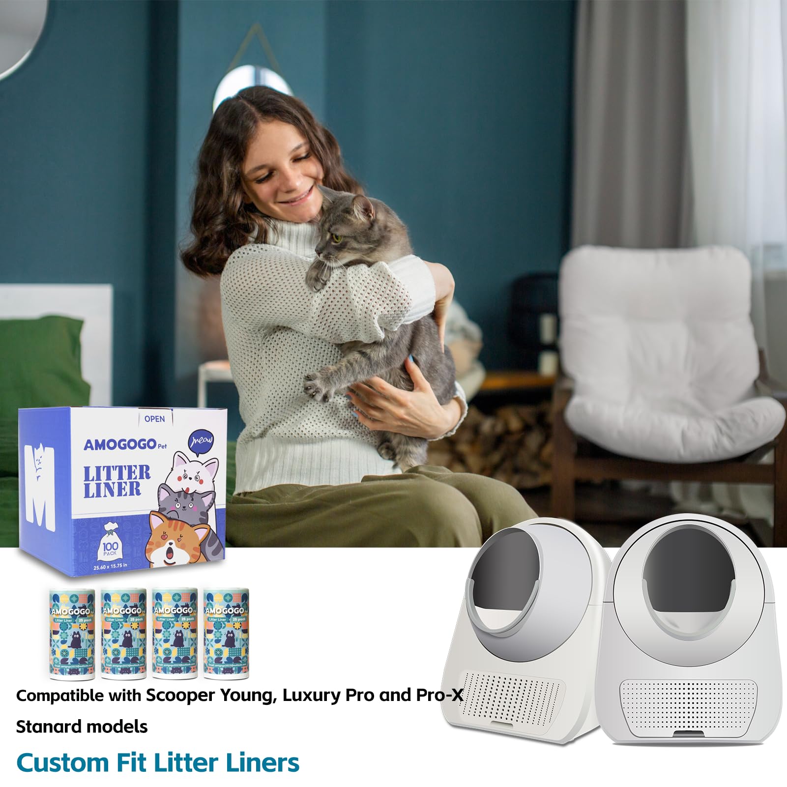 100 bolsas de arena compatibles con CATLINK Automatic Cat Litter Box Young and Luxury Pro, bolsas de basura autolimpiables, bolsas de basura de repuesto con cordón