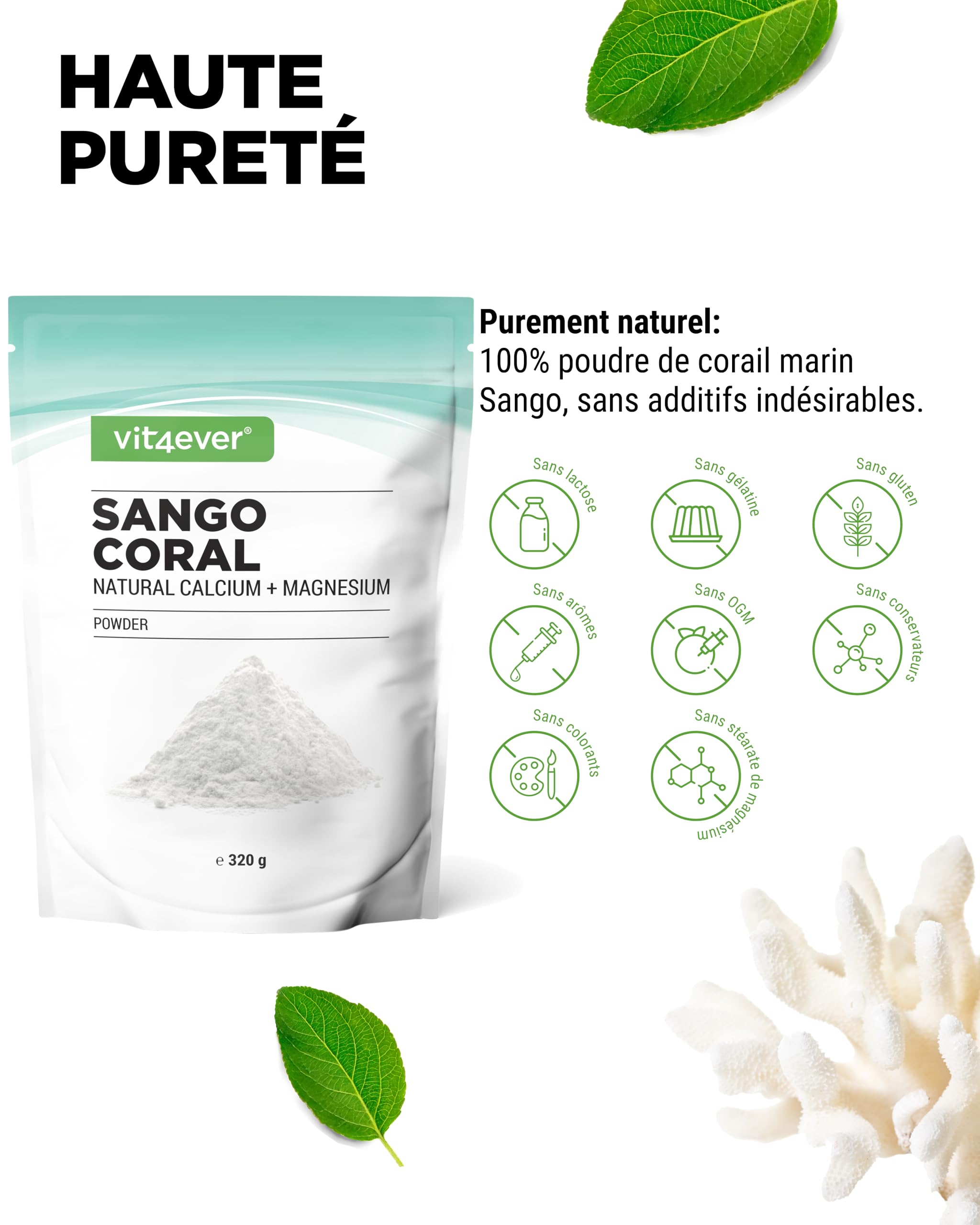 Corail Sango - 320 g de poudre - Source naturelle de calcium (20%) & de magnésium (10%) dans un rapport de 2:1 propre à l'organisme - Sans additif