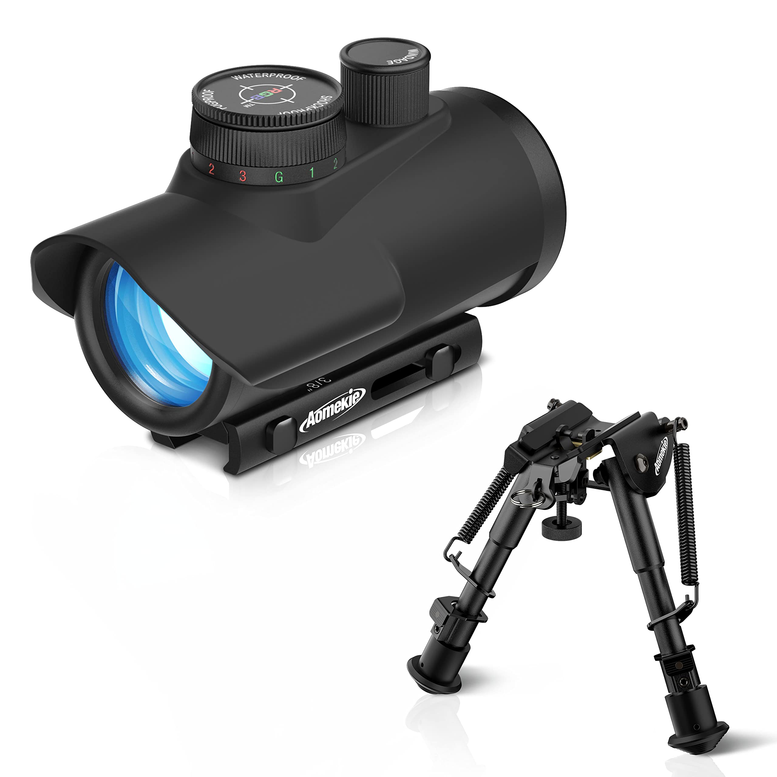 AOMEKIERed Dot Sight Airsoft Scope Reflex Sight 3 Brightness Setting Rifle Bipod 6-9 Inch Adjustable with Picatinny Adapter Swivel Bipod for Hunting and Shooting
