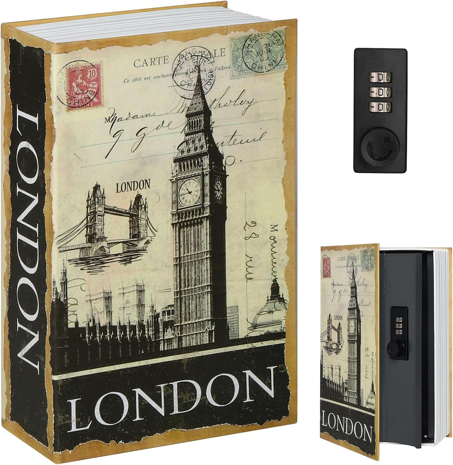 Decaller Book Safe with Combination Lock, Diversion Hidden Secret Metal Lock Box for Home Security, Money & Jewelry, 9.5" x 6.2" x 2.2", London