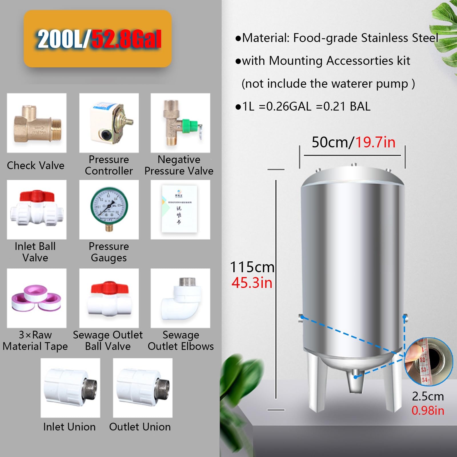 Zbiornik ciśnieniowy na wodę pitną, wytrzymały zbiornik ciśnieniowy ze stali nierdzewnej - 16 do 79 galonów, pionowa pompa studzienna, z zaworem odpowietrzającym i zestawem montażowym do uży