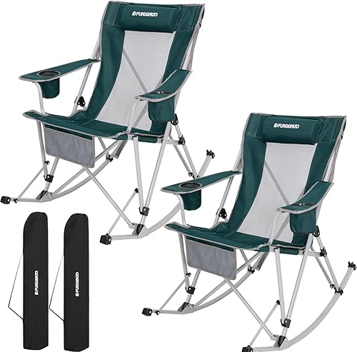 Miniatura 13 de FUNDANGO Silla mecedora de camping de gran tamaño para adultos, sillas de césped plegables portátiles para exteriores con almohadas, reposabrazos