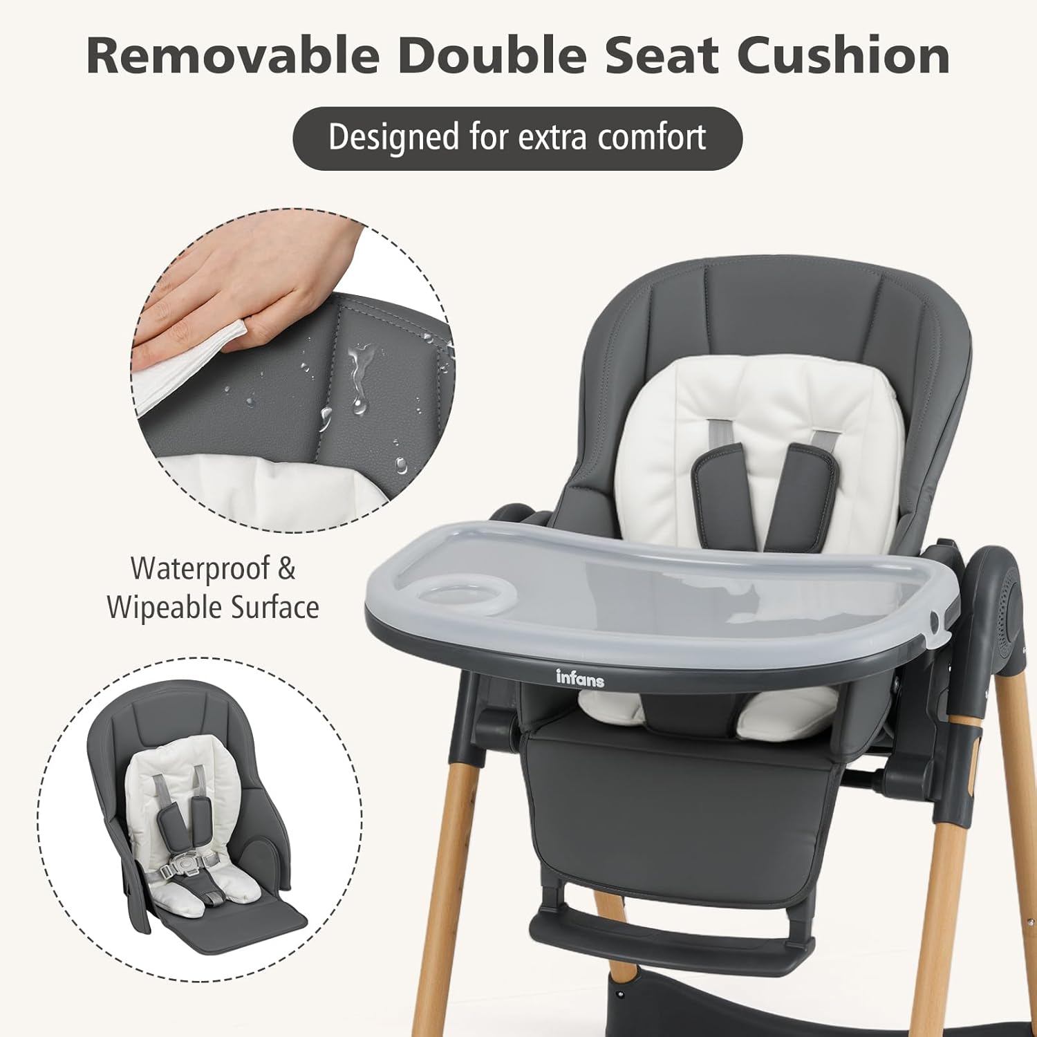 Close-up of the removable double seat cushion, showing its waterproof and wipeable surface, with an inset of a hand wiping the cushion.