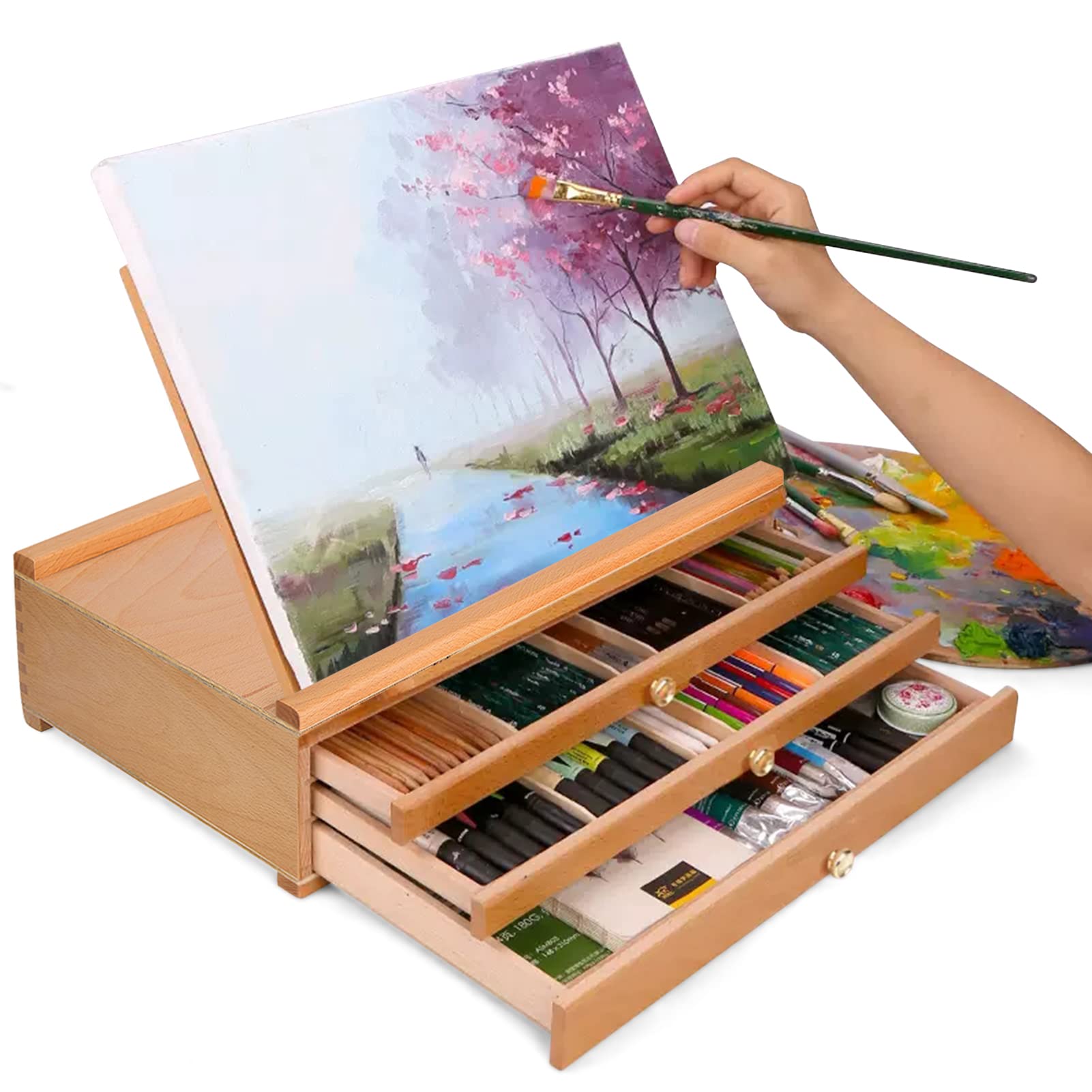 Boîte à outils de dessin à 3 couches, boîte de rangement d’outils d’accessoires de peinture pigmentaire d’approvisionnement d’artiste en bois, 15 zones de rangement, pour pastels, crayons, marqueurs