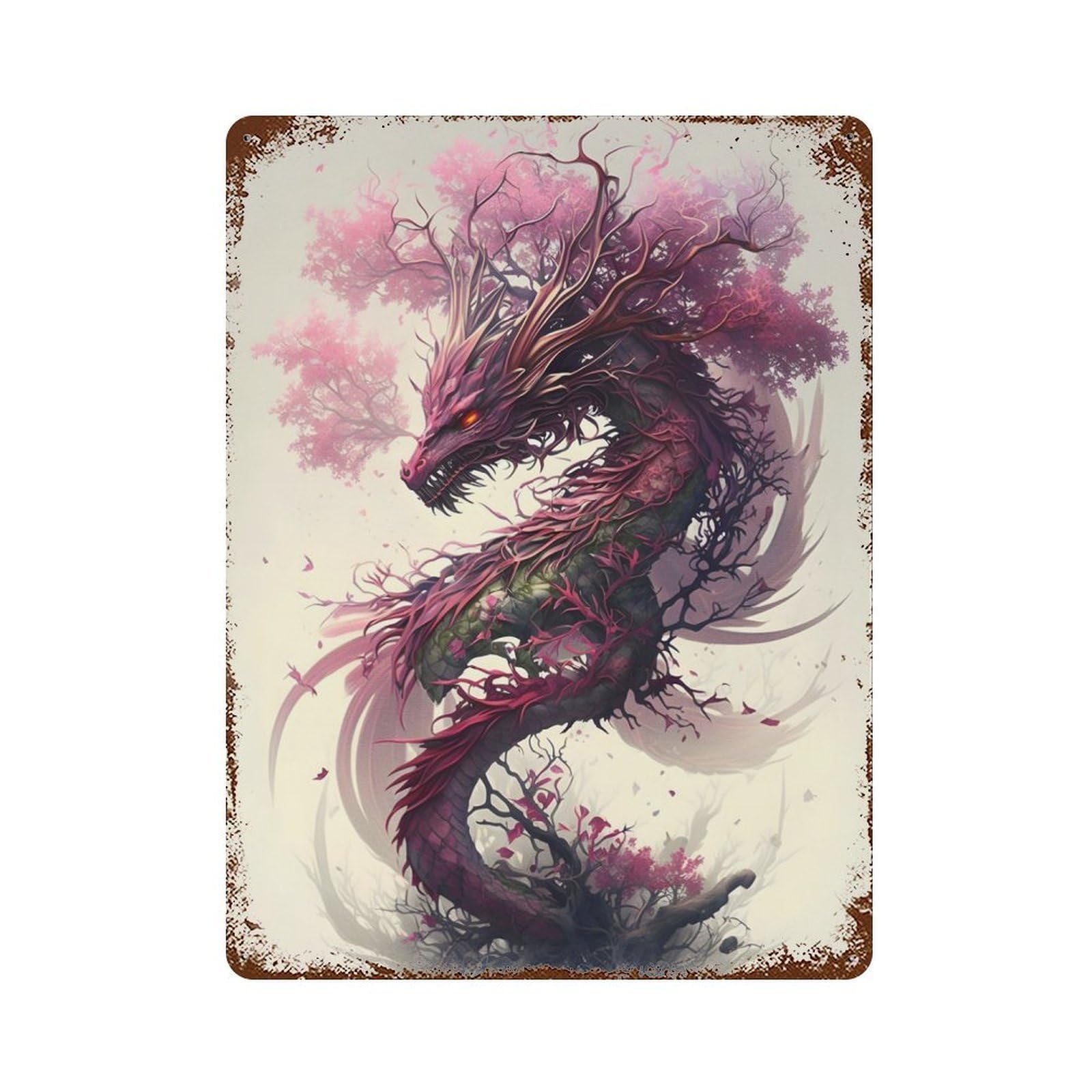 Rustic Tin Plaque with Sakura Dragon Design 15.7"x11.8", for Cafe, Home Bar And Lounge Decor, Industrial Home Decor