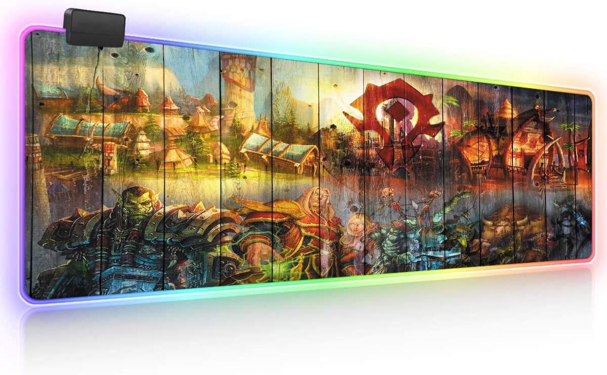 World of Warcraft RGB Soft Gaming Mouse Pad Large Oversized Glowing Led Extended Mousepad Non-Slip Rubber Base Computer Keyboard Pad Mat 31.5X 11.8in