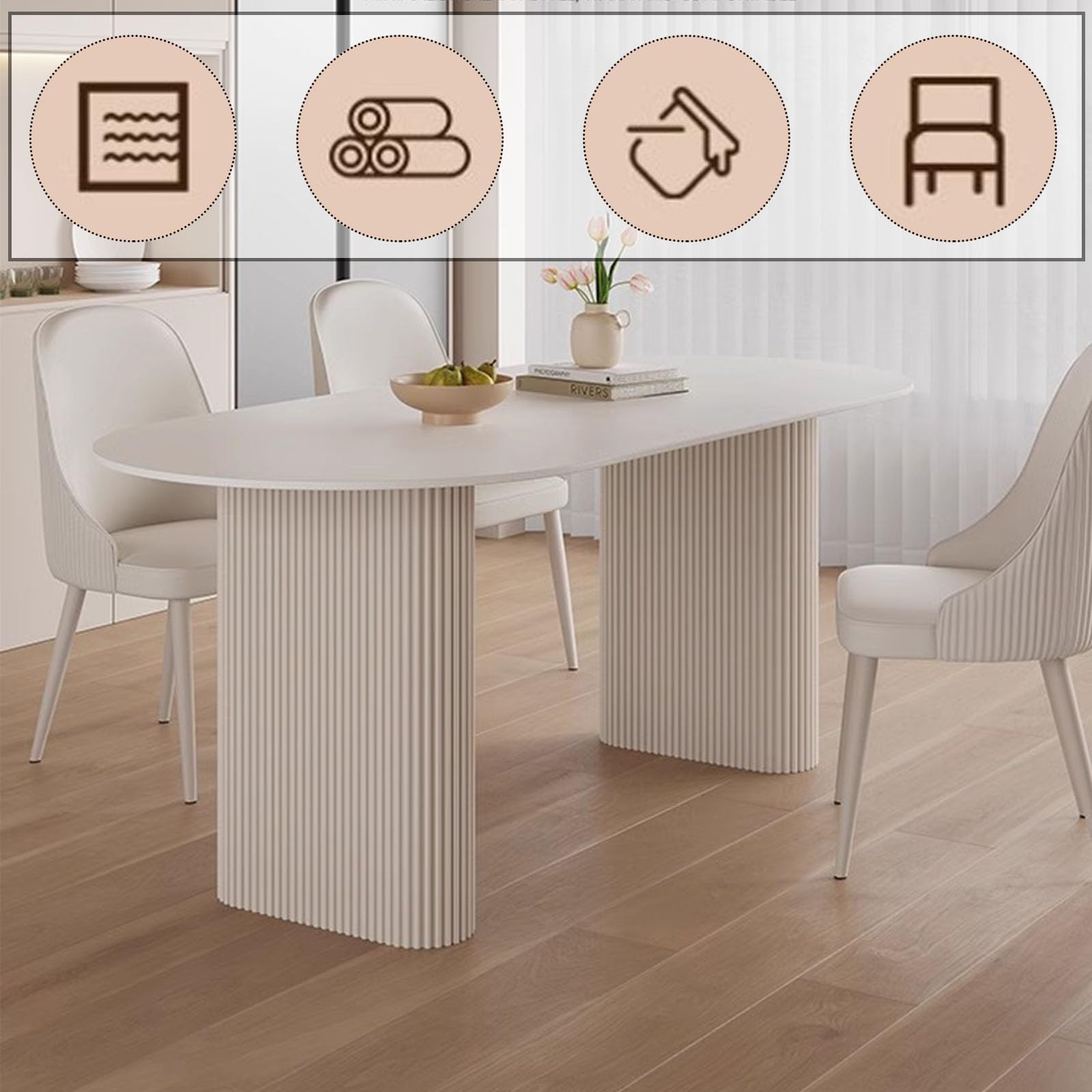 Mesa de Comedor Ovalada Moderna 120cm Top de Piedra sinterizado Blanco, Base de Metal Resistente a los arañazos para Espacios pequeños Cocina Desayuno Nook Apartamento Decoración del hogar