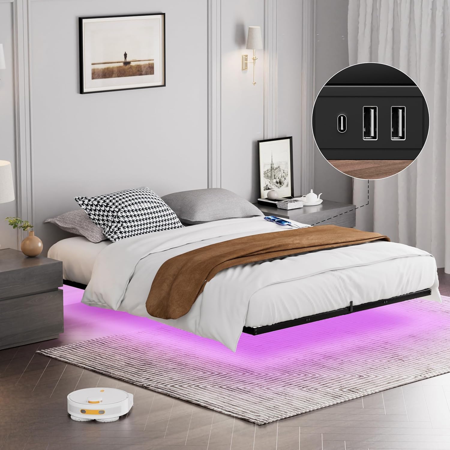 King Floating Bed Frame LED Lights Charging Station Modern Heavy Duty Metal Platform Bed Frames King Size Smart