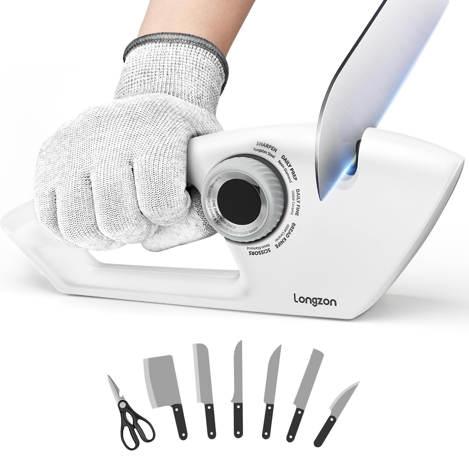 ongzon 6-in-1 Knife Sharpener 5 Stage with Cut-Resistant Glove, Manual Kitchen Tool for Straight & Serrated Knives, Quickly Sharpens Restores & Polishes Dull Blades Safe for Home Kitchen, White+Gray