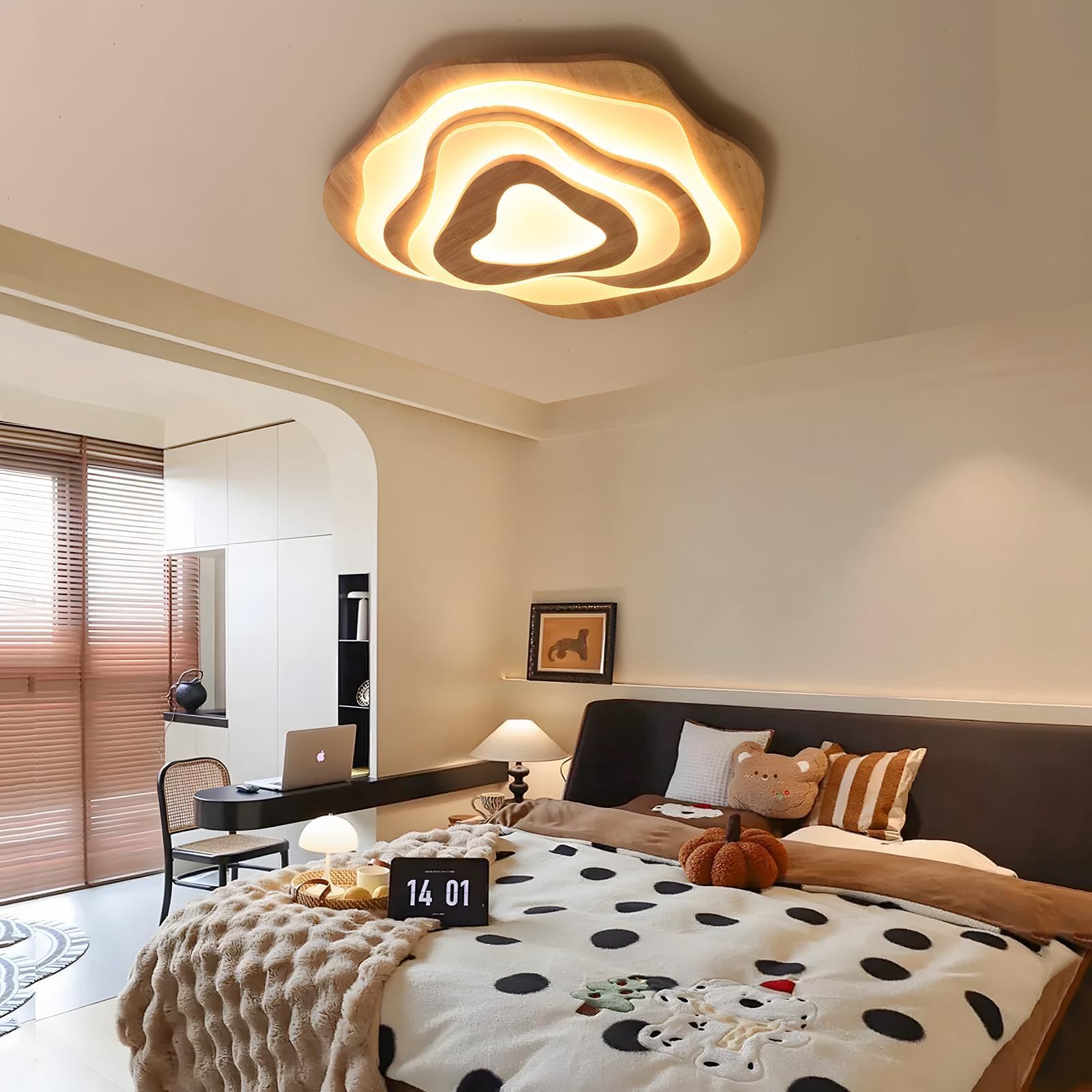 Plafoniera a LED in legno, 50 W = Ø 57 cm, 3500 lm, 3000 K-6000 K, dimmerabile, per camera da letto, soggiorno, paralume in acrilico a forma di cuore, moderna lampada da soffitto rotonda