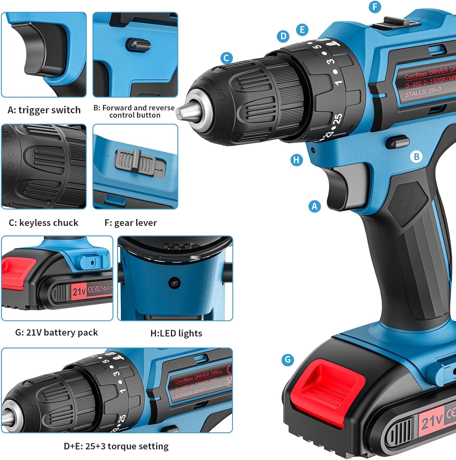 Taladro Atornillador 21V con Maletín – Pack de Bricolaje: 2 Baterías 2000mAh, 2 Velocidades, 25+3 Ajustes de Par, Mandril 10mm y 24 Accesorios – Ideal para Hogar y Montaje de Muebles (XL01-H)