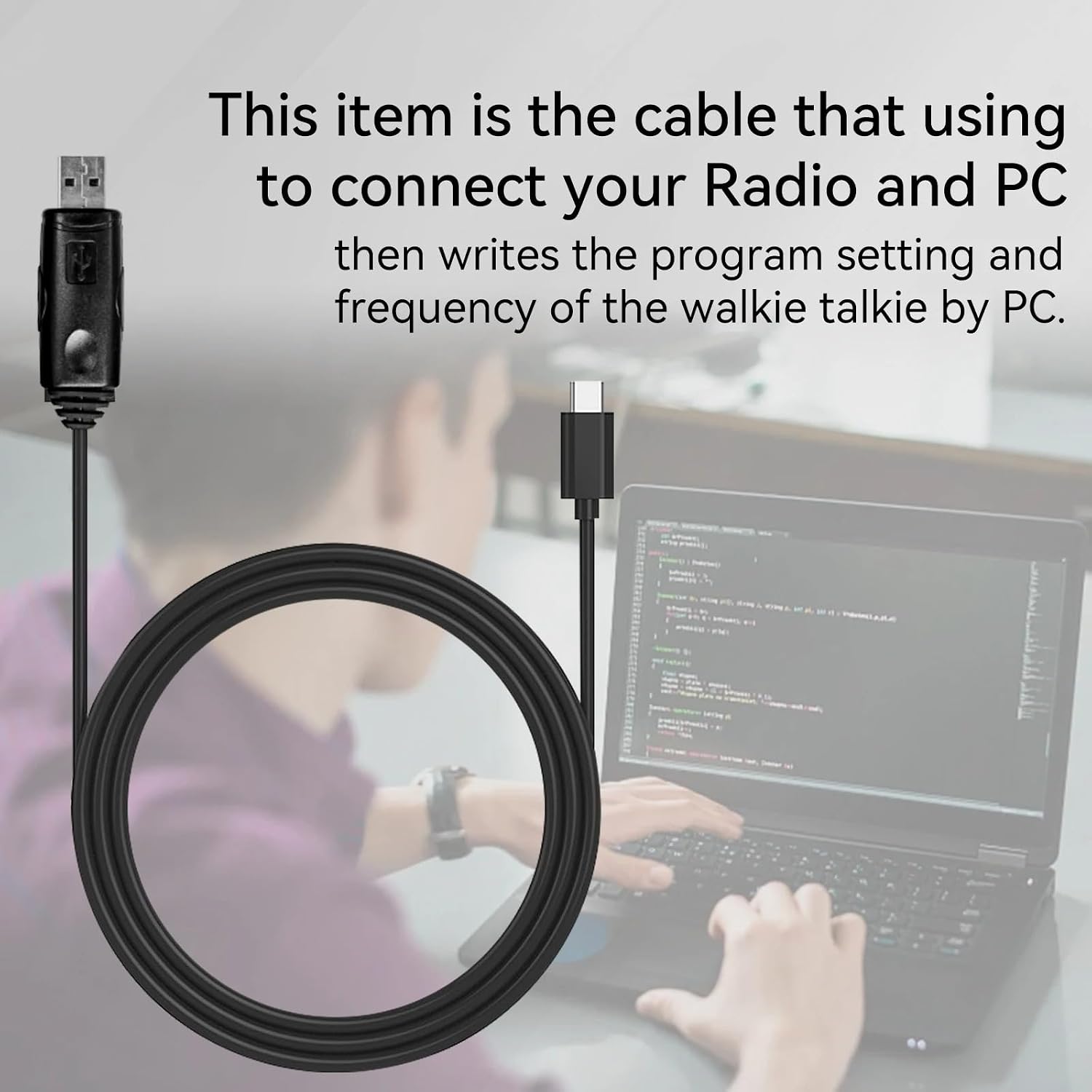 Radtel USB-C Programming Cable connected to a laptop and a walkie talkie