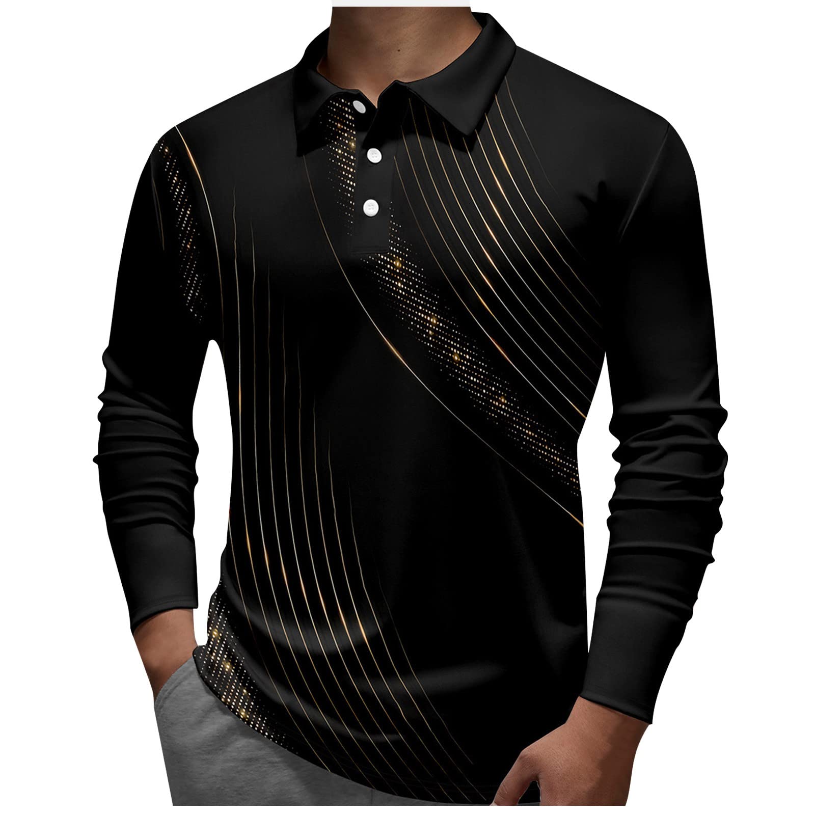 Men's Fashion Lapel T Shirt Casual Button Down Long Sleeve Blouses Slim Fit Printing Sports Pullover Tops
