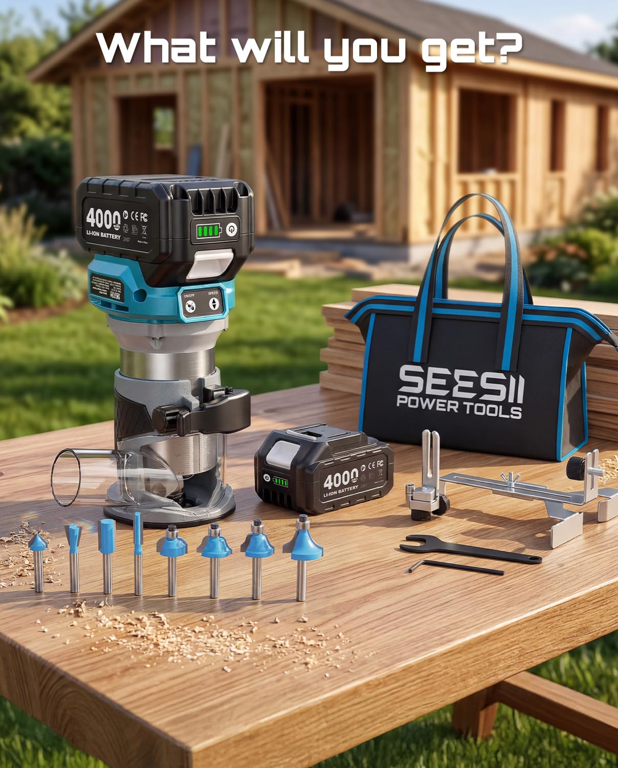 SEESII Fresadora Para Madera, 33000RPM motor sin escobillas | fresadora a batería con 2 baterías de 4,0 Ah,Base de Aluminio, Indicador LED, fresa de 1/4", para trabajar la madera
