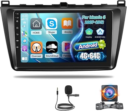 [8Core 4+64G] Car Radio for Mazda 6 2007-2012 with Carplay and Android Auto | NHOPEEW 9 Inch 1280*720 IPS Touchscreen Android Car Stereo, DSP, GPS, SWC, WiFi, Bluetooth, Mirror Link + AHD Backup Camera