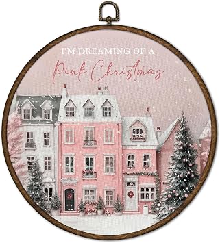 cvjutf Vintage Pink Christmas Wall Art Framed, Girly Christmas Decor, Im Dreaming of a Pink Christmas Round Wall Decor For Bedroom Teen Girl,Retro Winter Canvas Prints Art for Bathroom, 10x10 Inch
