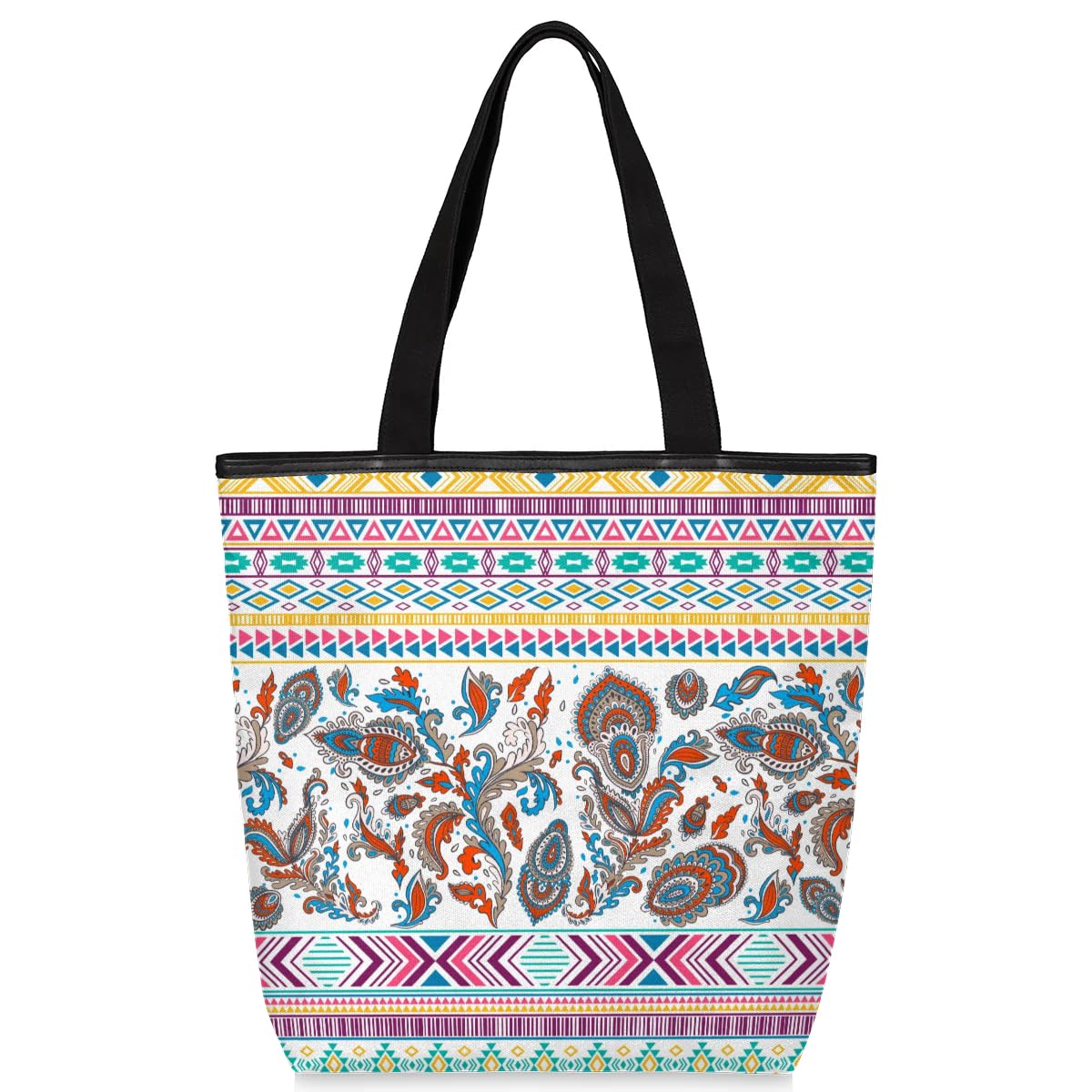 Mularoka Colorful Rhombus Triangle Pattern Canvas Tote Bag with Zipper and Pockets Canvas Tote Shopping Bag Women Reusable Grocery Bag for Beach Travel Gym Shopping