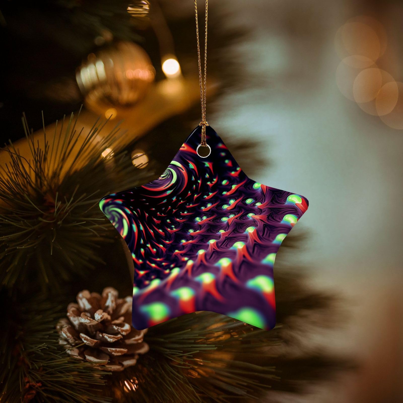 Christmas Tree Ornaments Ceramics Christmas Decorations Fantasy Sci-Fi Dizziness Ornaments with Gold Ribbon Porcelain Xmas Tree Crafts Star Shape Hanging Pendant for Christmas Tree Party Decor